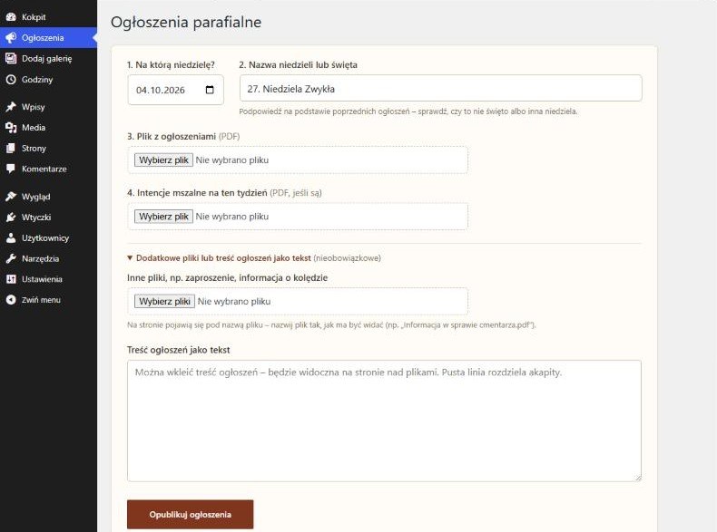 Panel parafii: dodawanie ogłoszeń jako plik PDF albo jako tekst